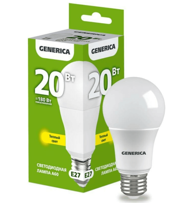 лампа led 3000k 20w a60 груша 230в e27 generica/10