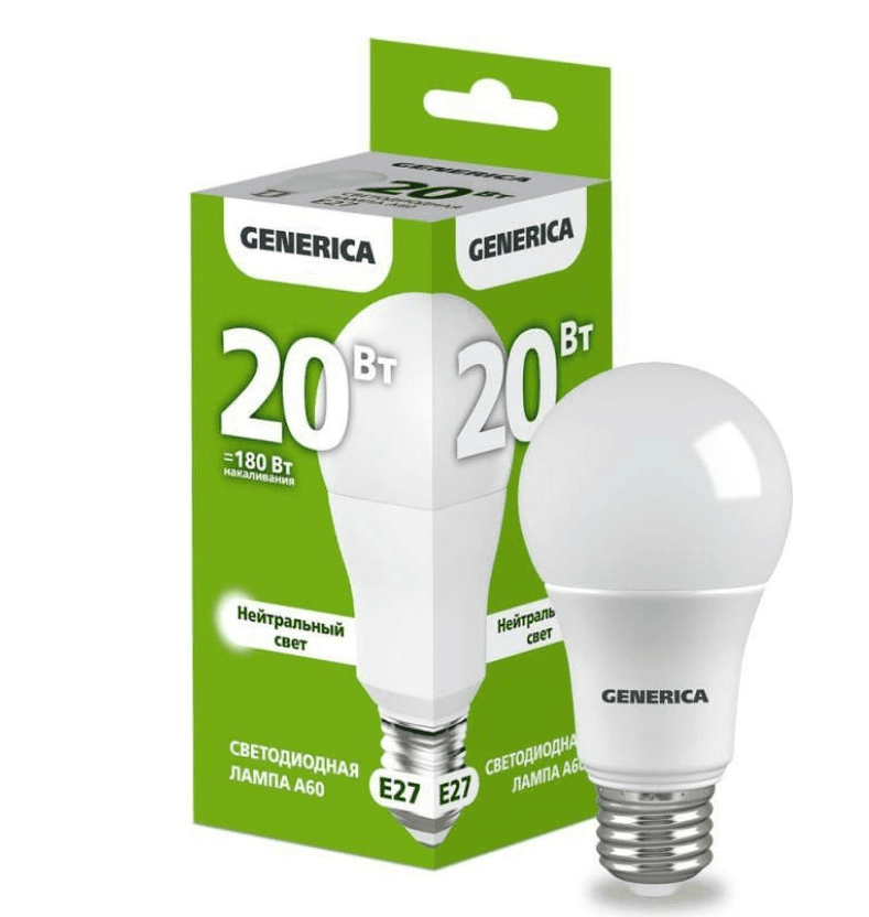 лампа led 4000k 20w a60 груша 230в e27 generica/10