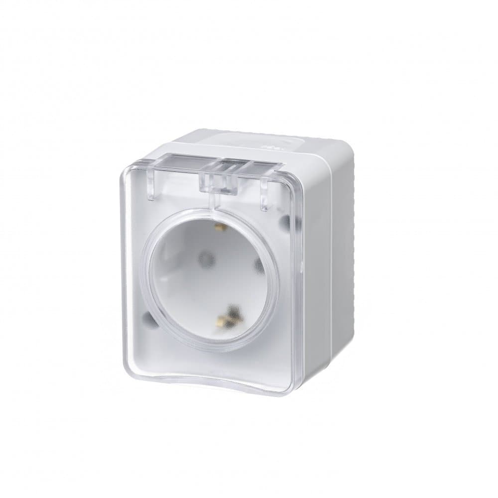 розетка открытой установки 1-м с/з со шторками ip54 16а 250в atlasdesign profi белый/12
