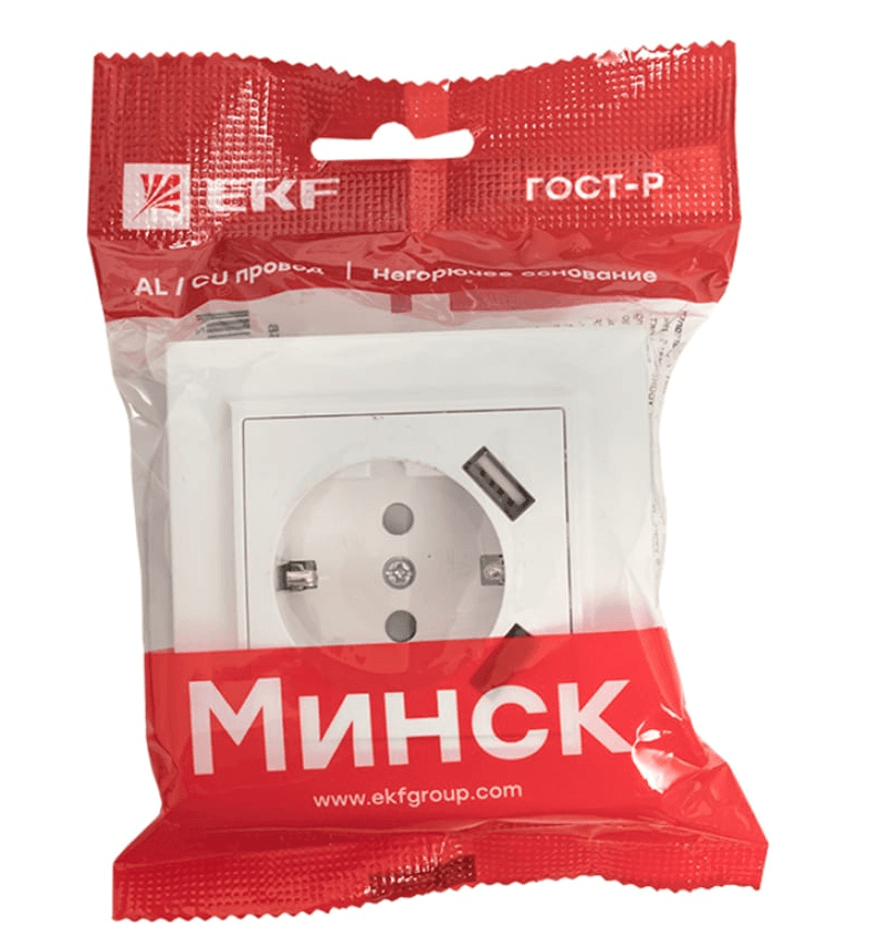 розетка 1-м с/з со шторкой в сборе 16а + 2 usb 2,1а минск белая ekf/10